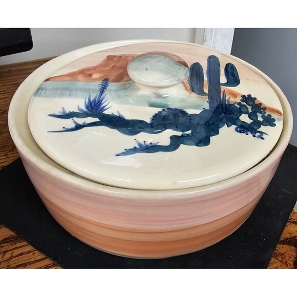 Handcrafted Ellis Pottery Desert Scene Lidded Pottery Bowl - Picture 3 of 13